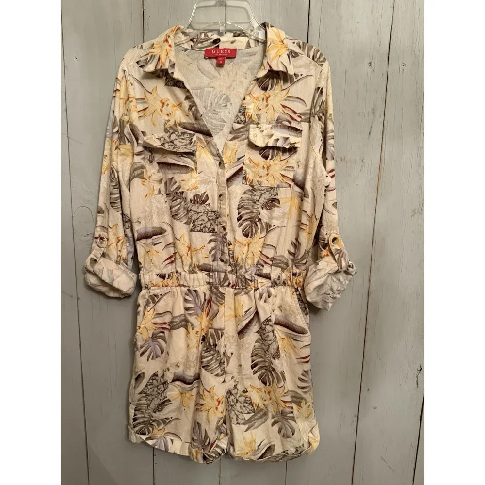 Guess‎ Floral Linen Blend Vintage Romper Size Med Beach Vibe Stunning